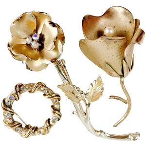 VTG Mid Century Brooch Lot of 3 Floral Faux Pearl Rhinestone Gold Tone Pins